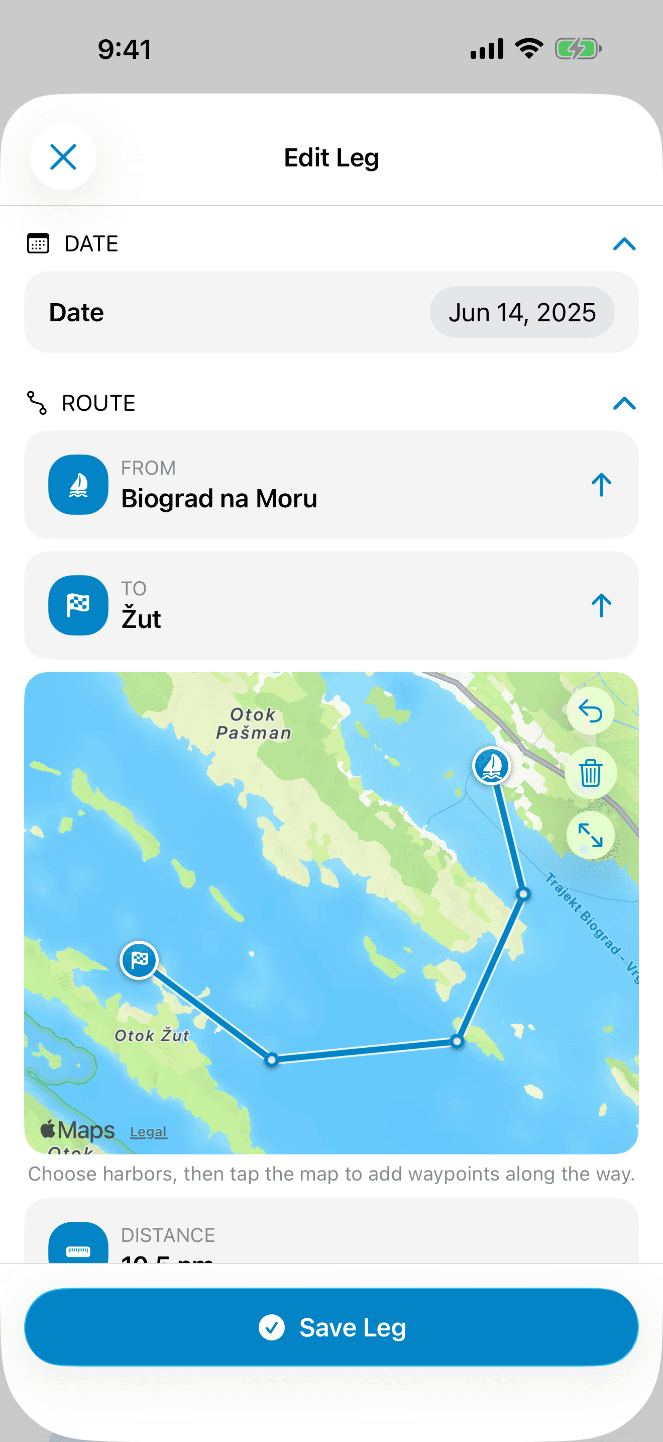 Editing a leg in Salty: departure Biograd na Moru, arrival Žut, and the route drawn as waypoints on the map.